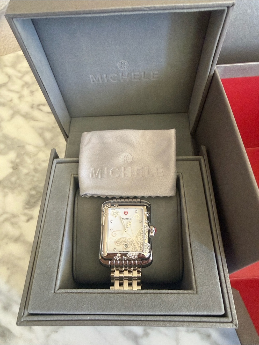 Michele Silver Stainless Steel Butterfly Diamond Accent Watch - White Dial - Picture 5 of 14